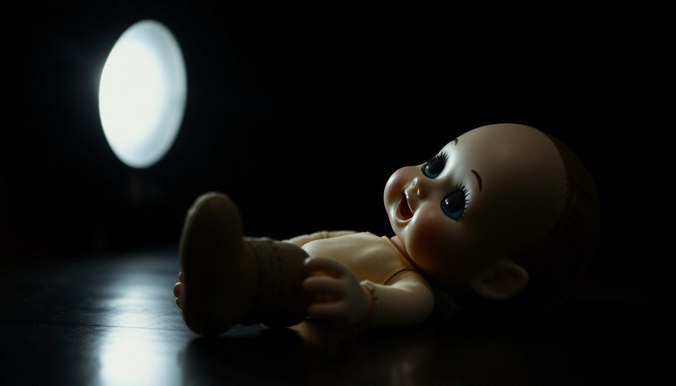 An extreme close-up photograph of a broken, tattered stuffed animal against a pitch-black background, conveying the grim reality of child sexual abuse.