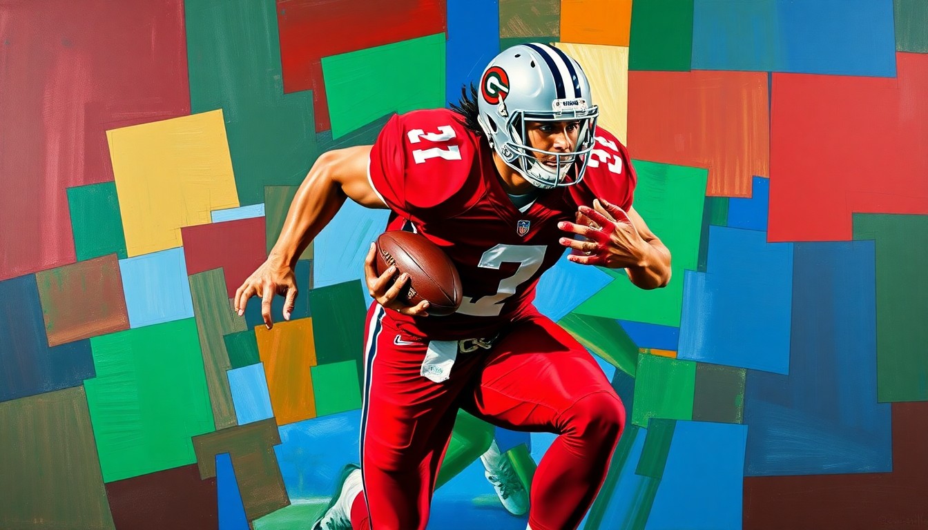 A fractured, cubist-style painting depicting a college football running back in motion, with sharp geometric shapes and planes in deep crimson, forest green, and royal blue colors, conveying the player's versatility and the challenges he has overcome to reach this point in his career.