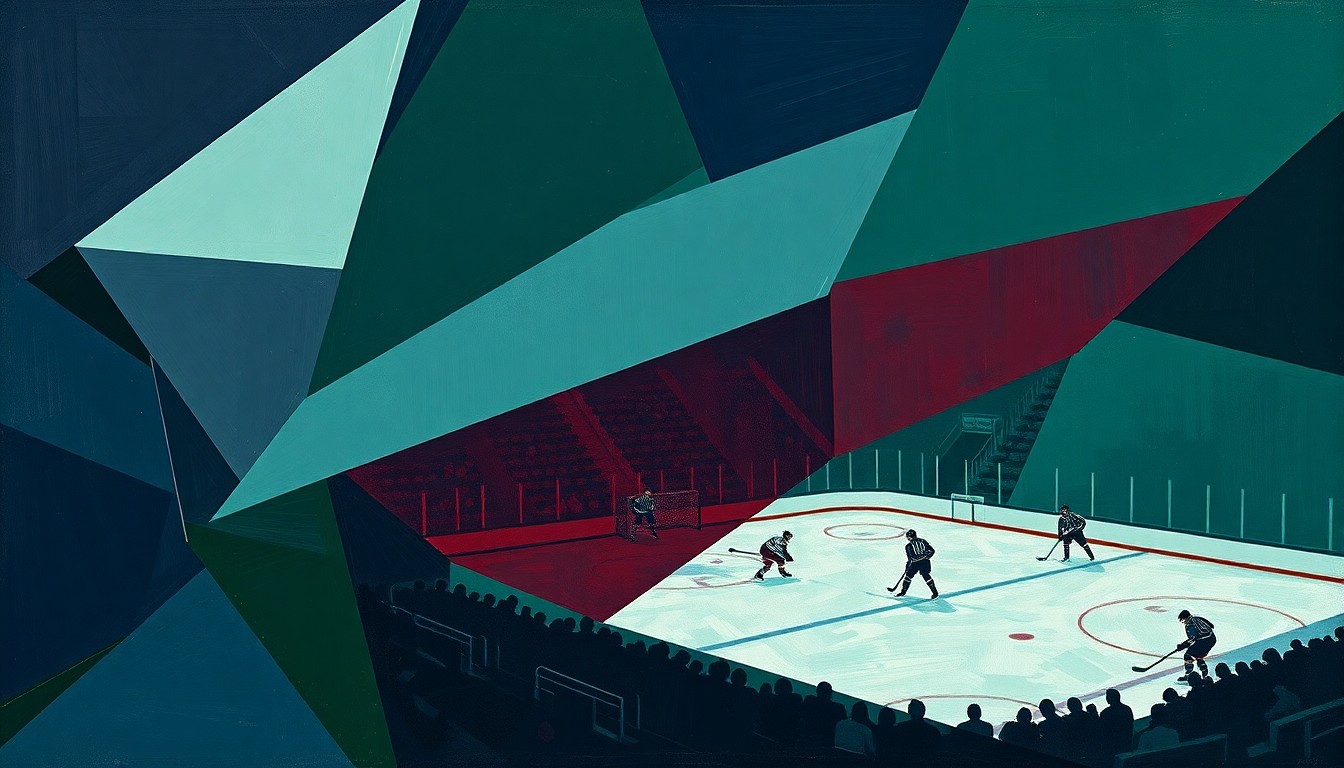 A fractured, abstract painting featuring sharp, overlapping geometric shapes in muted tones, conceptually representing the complex factors behind a college hockey team's disappointing season.