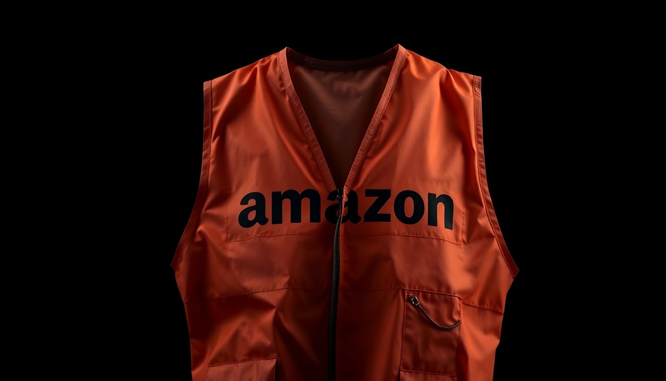 An extreme close-up photograph of a crumpled Amazon delivery driver vest against a pitch-black background, lit by a harsh, direct camera flash, conceptually representing the exploitation of delivery services by package thieves.