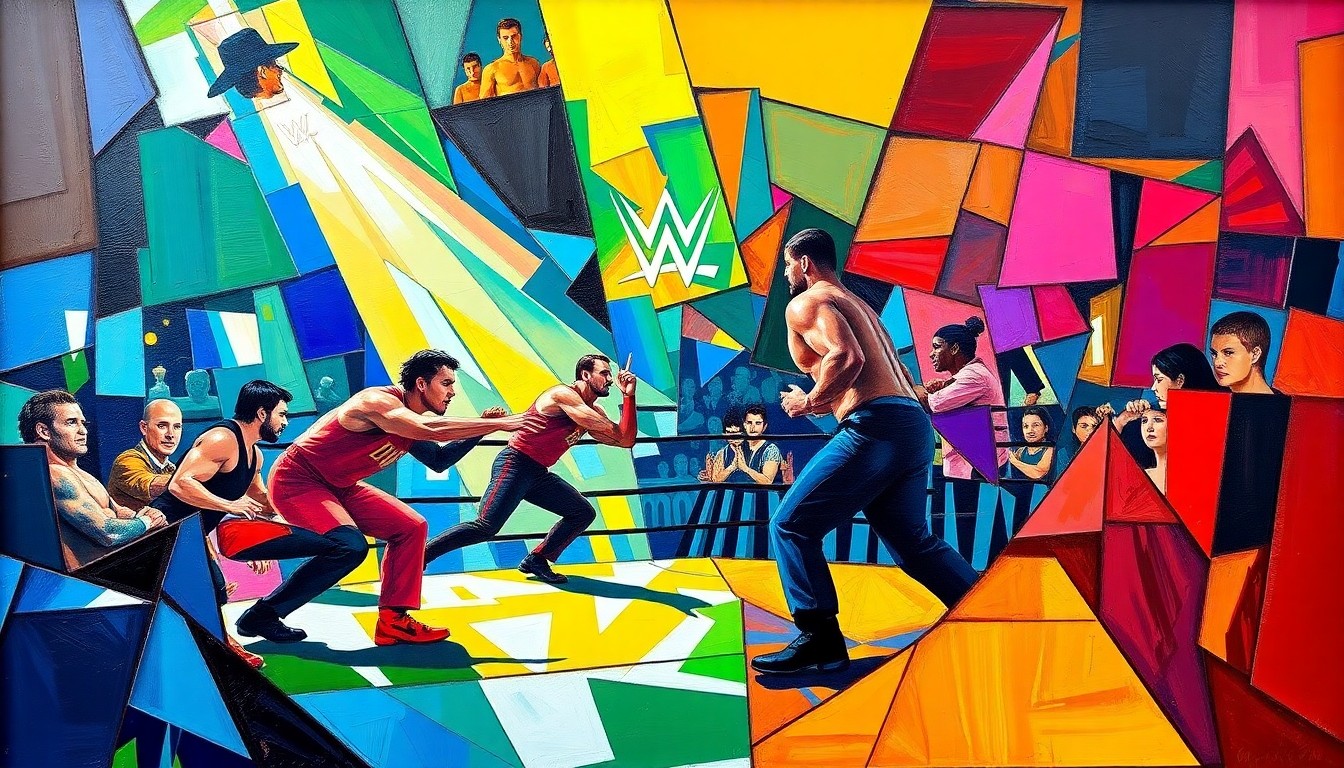A cubist, geometric painting depicting a WWE wrestling match or competition, with sharp, overlapping planes of color representing the official team colors of the wrestlers mentioned in the story. The image captures the raw energy and movement of the sport through a fractured, multi-perspective visual style.