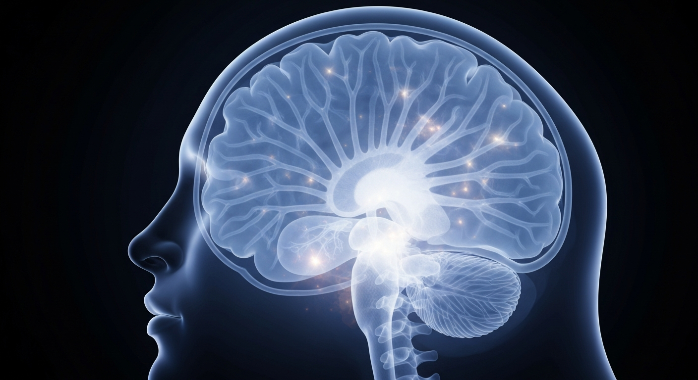 A translucent, ghostly X-ray image revealing the detailed internal structures of a human brain, with glowing lines and shapes representing the complex neurological processes underlying mental illnesses.