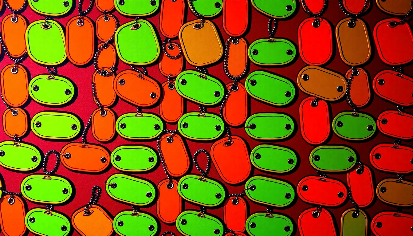 A bold, abstract grid of military dog tags in neon colors, conceptually representing the enduring impact of the Vietnam War on a local community.