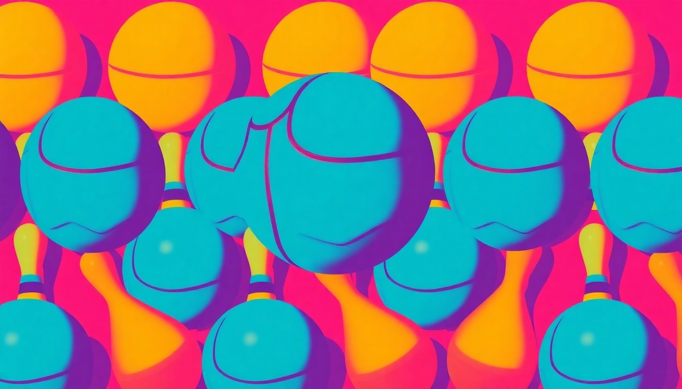 A brightly colored, high-contrast silkscreen print of a single, iconic youth sports object such as a soccer ball, basketball, or bowling pin repeated in a tight grid pattern, capturing the energy and developmental benefits of structured recreational activities for children.