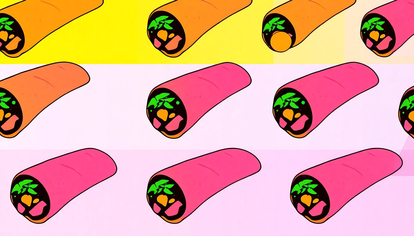 A vibrant, pop art-inspired illustration featuring a repeated image of a single, iconic burrito in a grid pattern, using a bold, neon color palette and heavy black outlines to capture the celebratory energy of a community food competition.