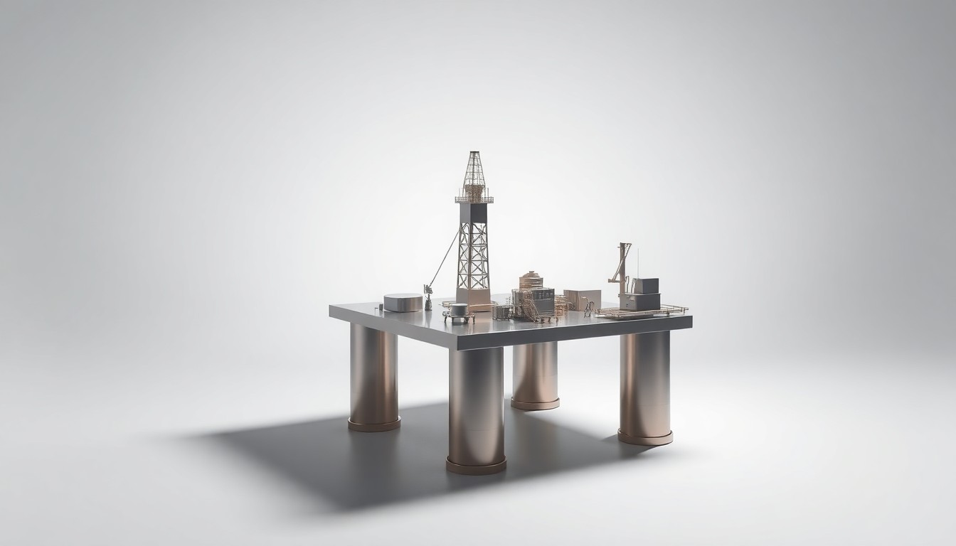 A highly polished, geometric metal sculpture of an oil and gas extraction platform, floating on a clean, monochromatic background and illuminated with dramatic studio lighting, conceptually representing the abstract ideas of enterprise-scale digital integration and reliable energy delivery.