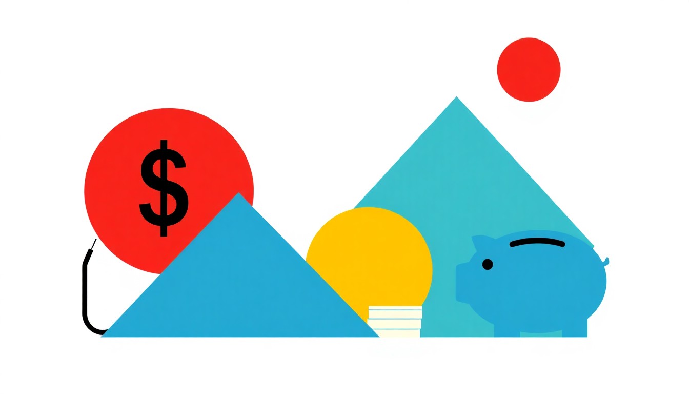 A geometric abstract illustration using bold shapes and primary colors to conceptually represent the rising cost of gasoline and its economic impact.