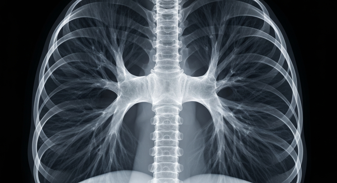An extreme close-up X-ray photograph revealing the delicate internal structures of a human lung, conceptually representing the complex nature of the Mycobacterium abscessus infection.