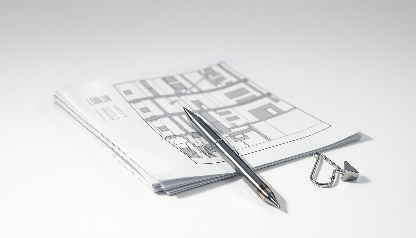 A high-end studio still life featuring architectural blueprints, a pen, and a paperclip arranged elegantly on a clean white background, conceptually representing the strategic planning and financial analysis behind real estate development.