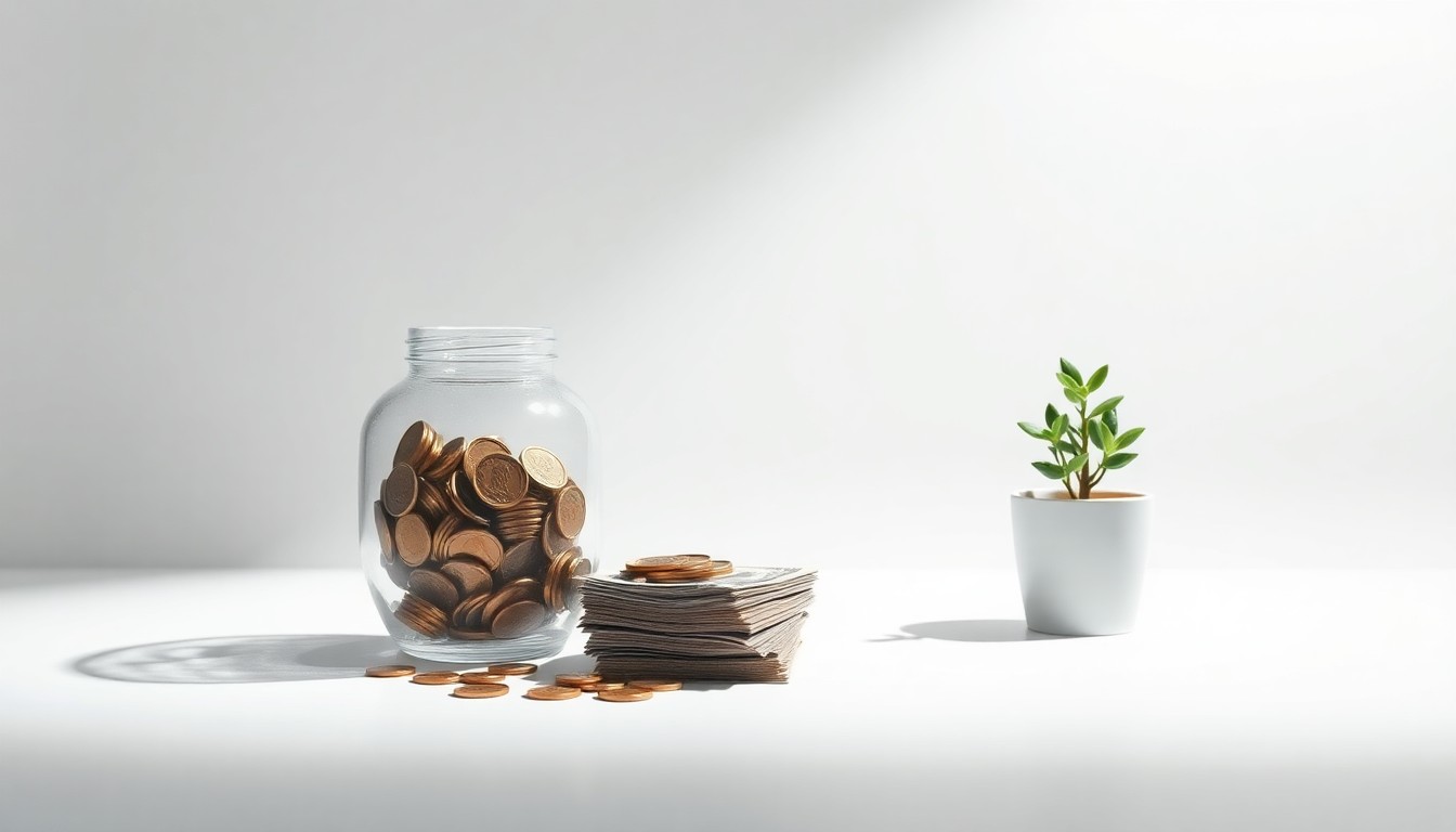 A photorealistic studio still life featuring a glass piggy bank filled with coins, a stack of dollar bills, and a small potted plant, symbolizing the balance between personal savings and community giving.