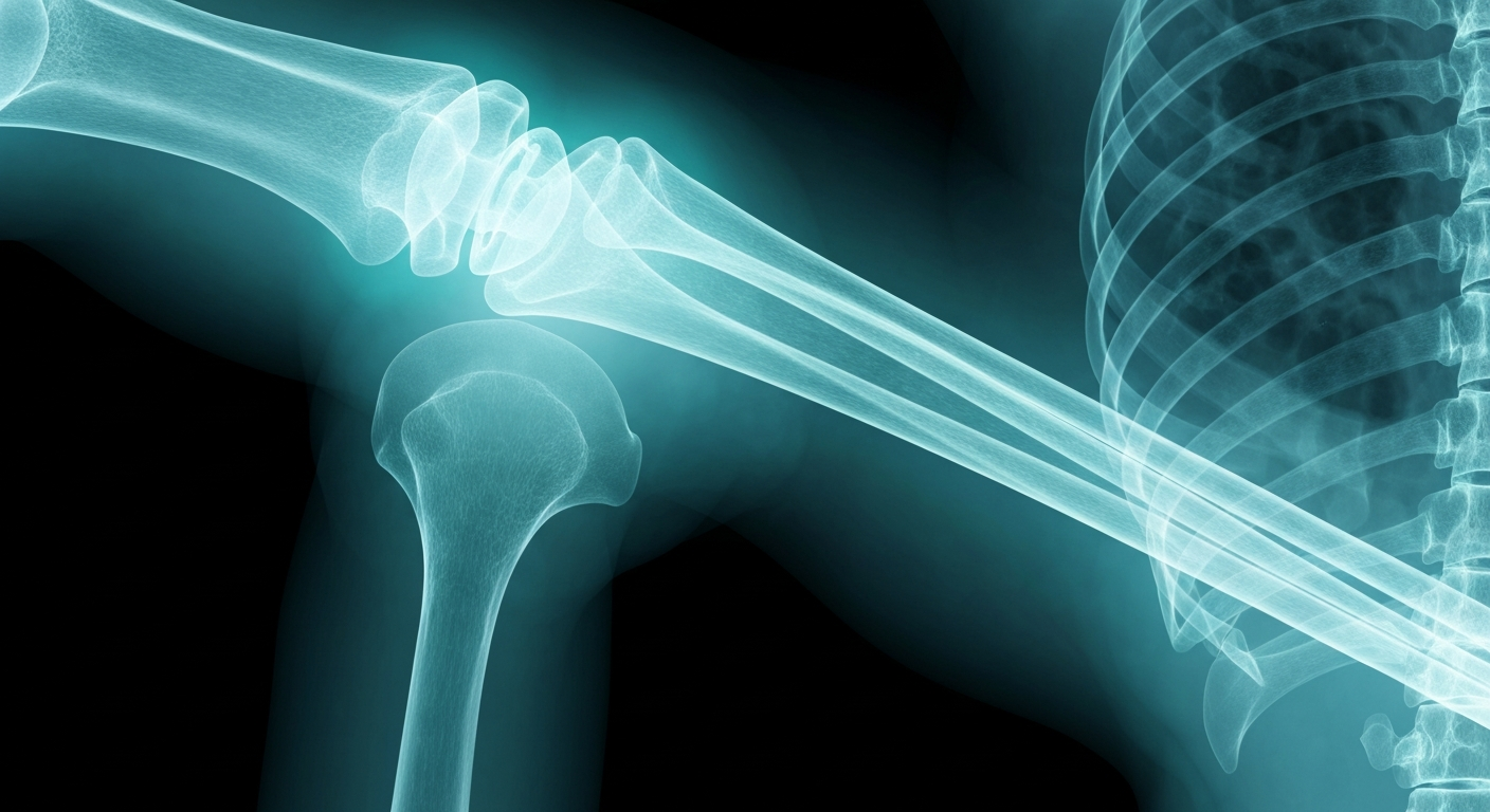 A ghostly, translucent X-ray image of a human bone structure, glowing with an ethereal blue-green light, conceptually representing the internal workings of a new cancer treatment.