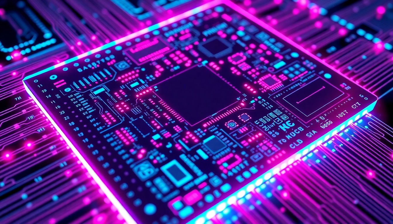 A highly detailed, glowing 3D illustration of a silicon photonics wafer or chip, with intricate circuitry and interconnects illuminated by neon cyan and magenta lights, conceptually representing the advanced, high-tech nature of this critical datacenter infrastructure.