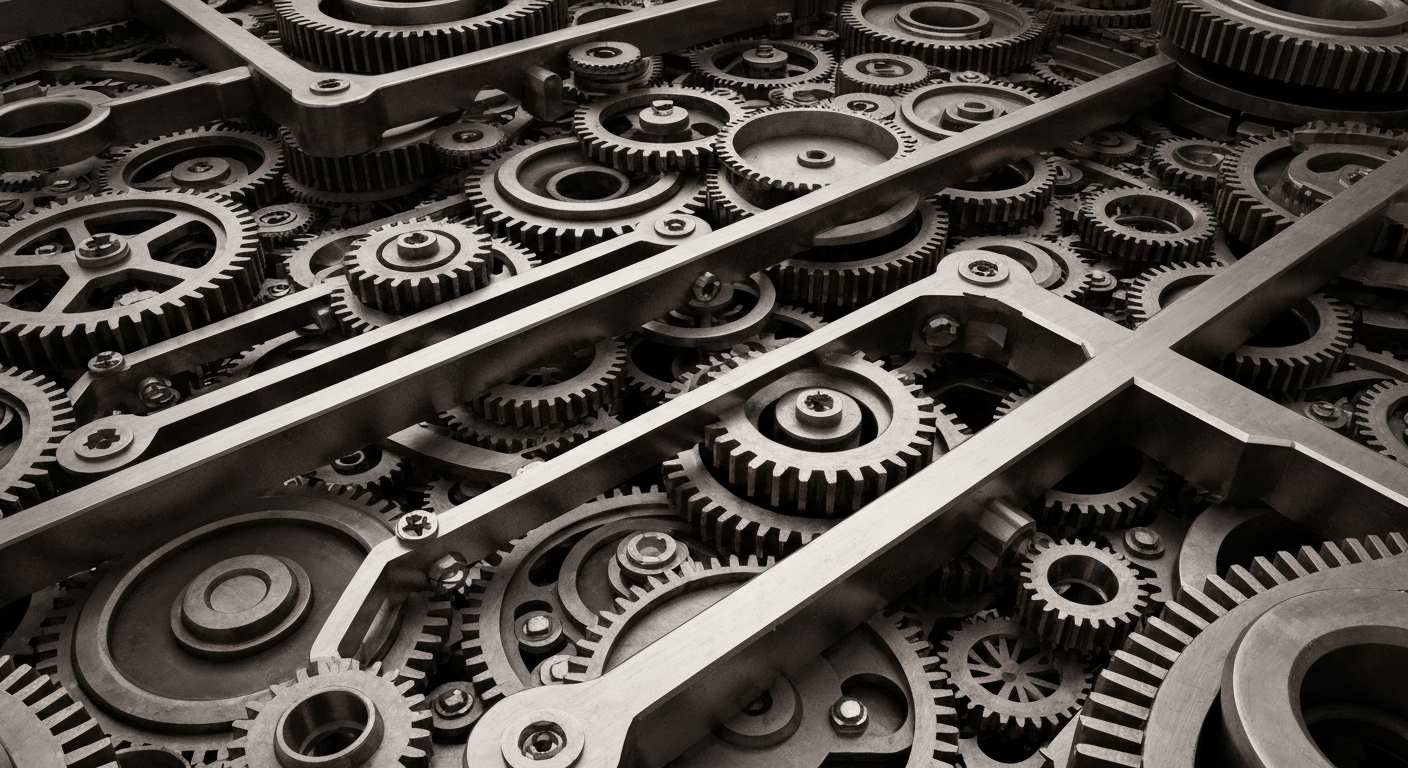 An extreme close-up of a complex, interlocking network of metal gears, cogs, and levers in shades of steel grey and bronze, conceptually representing the inner workings of a modern financial institution.
