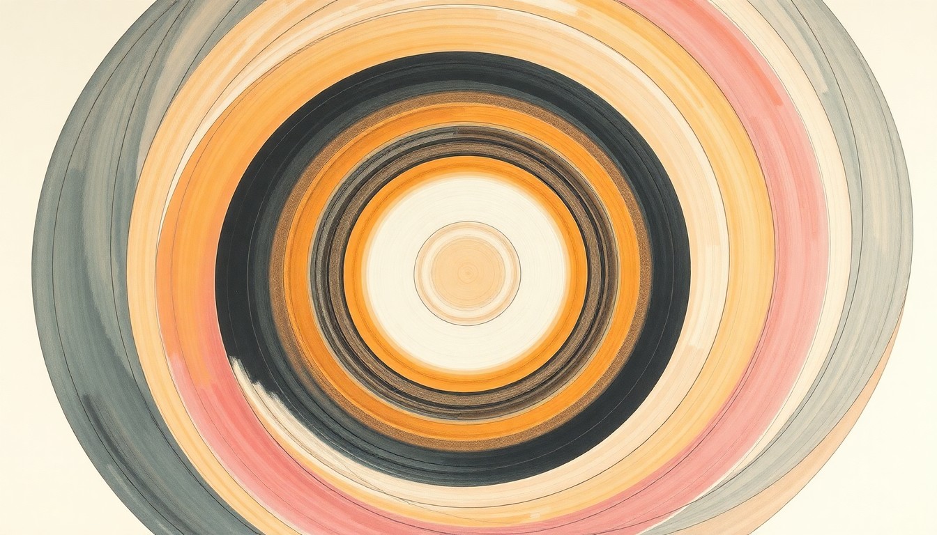 A bold, abstract painting featuring sweeping geometric arcs, concentric circular patterns, and precise botanical spirals in soft, flat colors against a clean background, conceptually representing the complex epigenetic mechanisms involved in pediatric brain cancer.