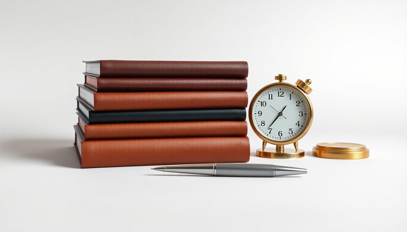A high-end, photorealistic studio still-life photograph featuring a stack of premium leather-bound business strategy books, a sleek metal pen, and a polished brass desk clock, all arranged elegantly on a clean, monochromatic seamless background, conceptually representing the abstract world of corporate strategy and management consulting.