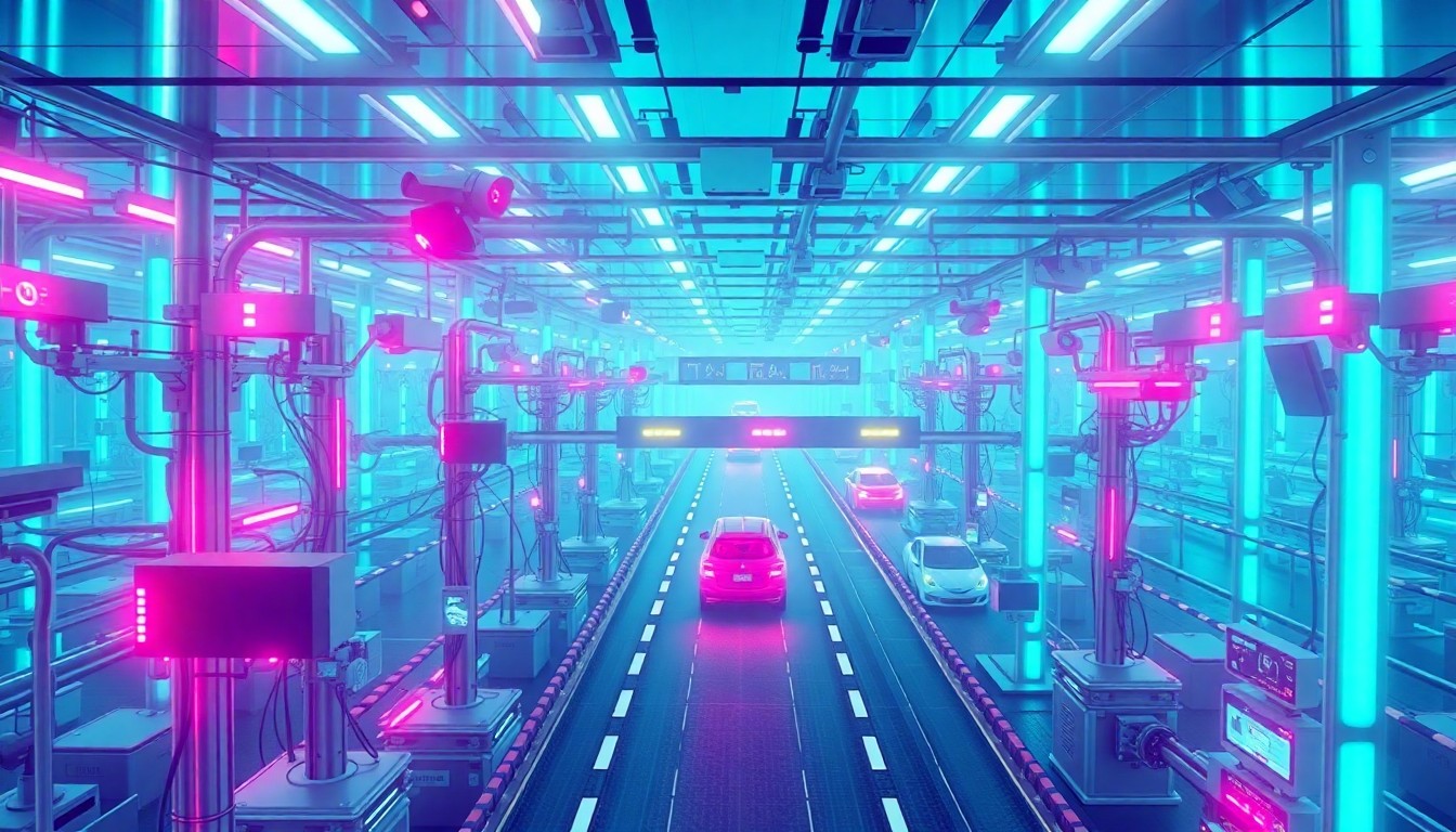 A highly detailed, glowing 3D illustration of a futuristic traffic control hub, with neon cyan and magenta lights illuminating the complex network of sensors, cameras, and data processing units, conceptually representing the advanced, interconnected nature of Aeva's autonomous driving infrastructure.