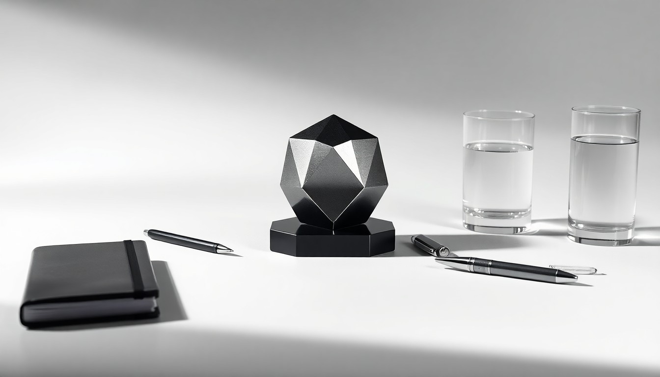 A high-end, photorealistic studio still-life photograph featuring a polished, geometric metal paperweight or trophy surrounded by premium business objects like a pen and notebook, all arranged elegantly on a clean, monochromatic background with dramatic lighting and deep shadows to represent abstract corporate strategy.