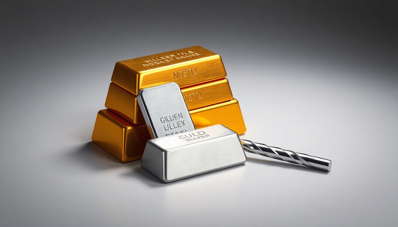 A high-end, photorealistic studio still-life photograph featuring a stack of gold bullion bars, a silver ingot, and a polished steel mining drill bit, all arranged elegantly on a clean, monochromatic seamless background, conceptually representing the abstract concepts of corporate finance, risk, and the mining industry.