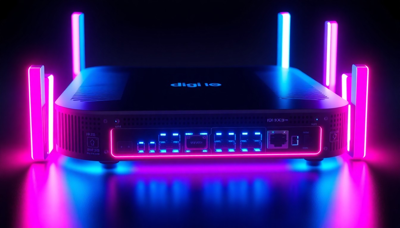 A highly detailed, glowing 3D macro illustration of a sleek, metal industrial router with illuminated ports and antennas, conceptually representing the powerful connectivity and edge computing capabilities of the device.