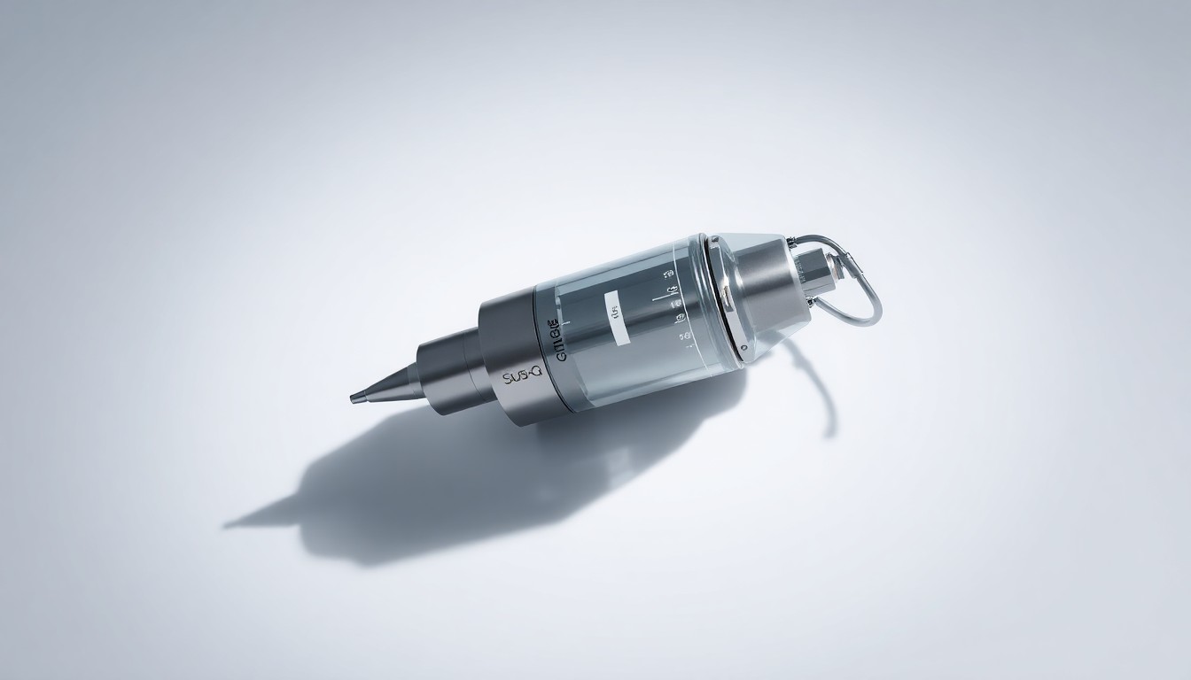 A sleek, modern medical device made of polished metal and glass components, floating on a clean, monochromatic background and dramatically lit to symbolize the innovative technology behind Sub-Q Bionics' lymphedema treatment solution.