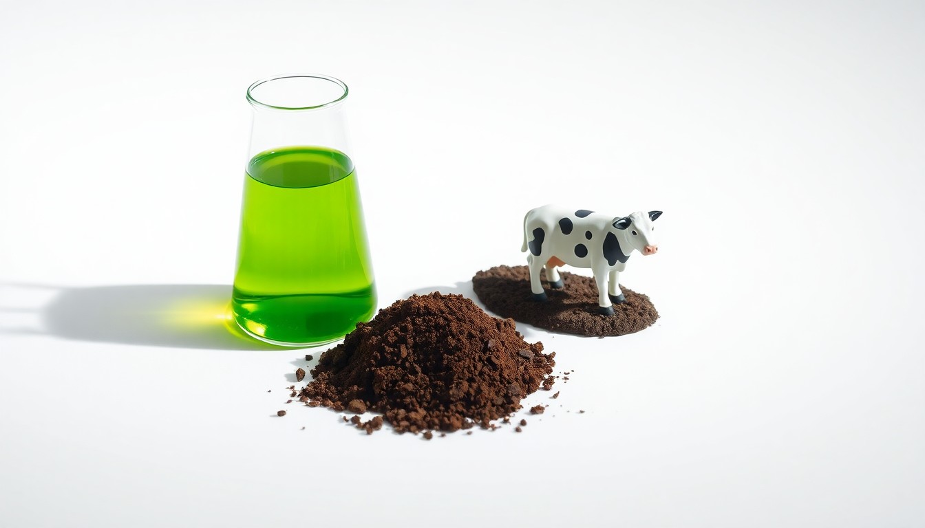 A photorealistic studio still life featuring a glass beaker of green liquid, a handful of soil, and a small dairy cow figurine, symbolizing agricultural innovation and sustainable farming practices.