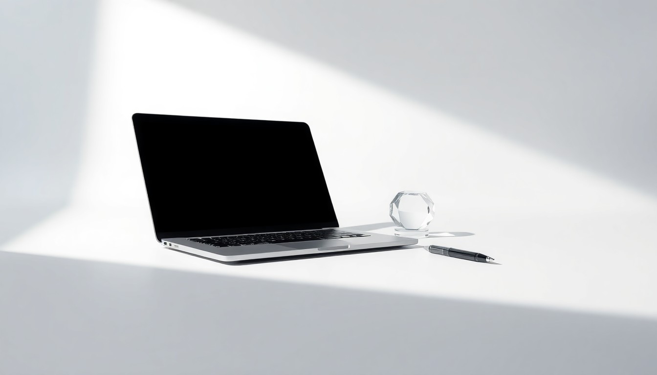 A high-end, photorealistic studio still-life photograph featuring a sleek, metallic laptop computer, a glass paperweight, and a pen arranged elegantly on a clean, white seamless background, conceptually representing the power and precision of financial performance management software.