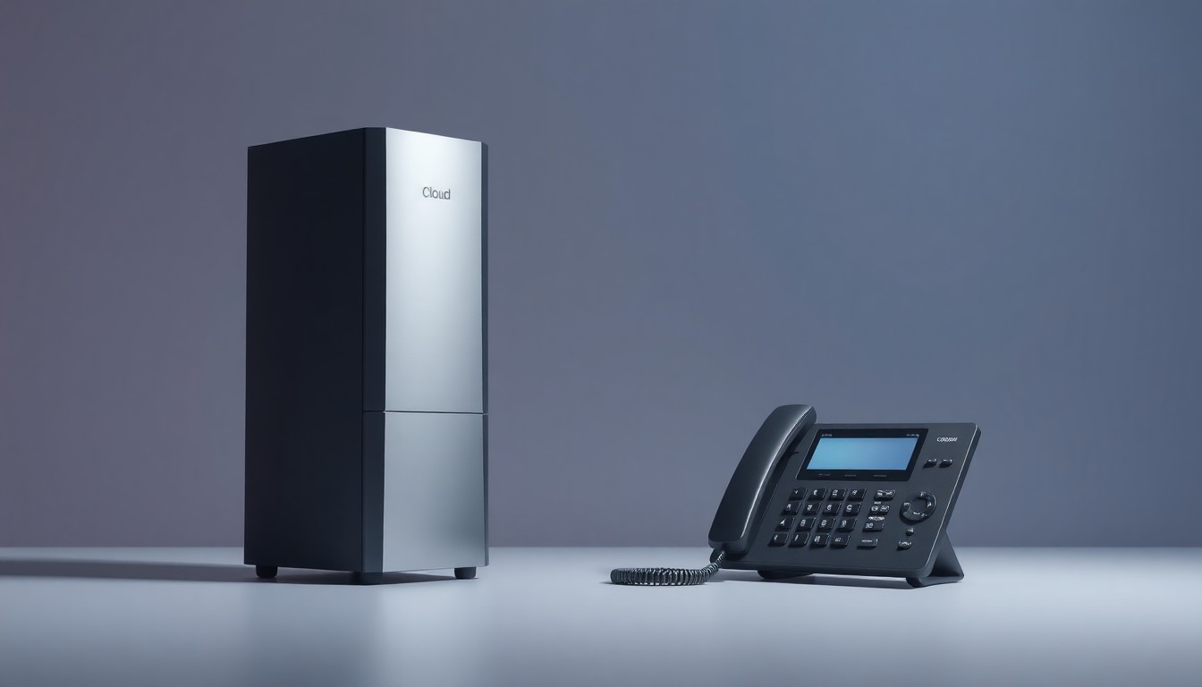 A minimalist, photorealistic studio still life featuring a sleek, metallic cloud computing server tower and a modern desk phone in a muted color palette, conceptually representing the merger of cloud communications technologies.