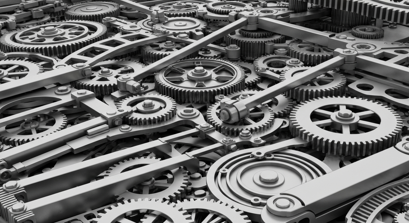An extreme close-up of a complex network of gears, levers, and mechanical components in shades of steel gray and silver, conceptually representing the intricate financial infrastructure that enables 401(k) rollovers.