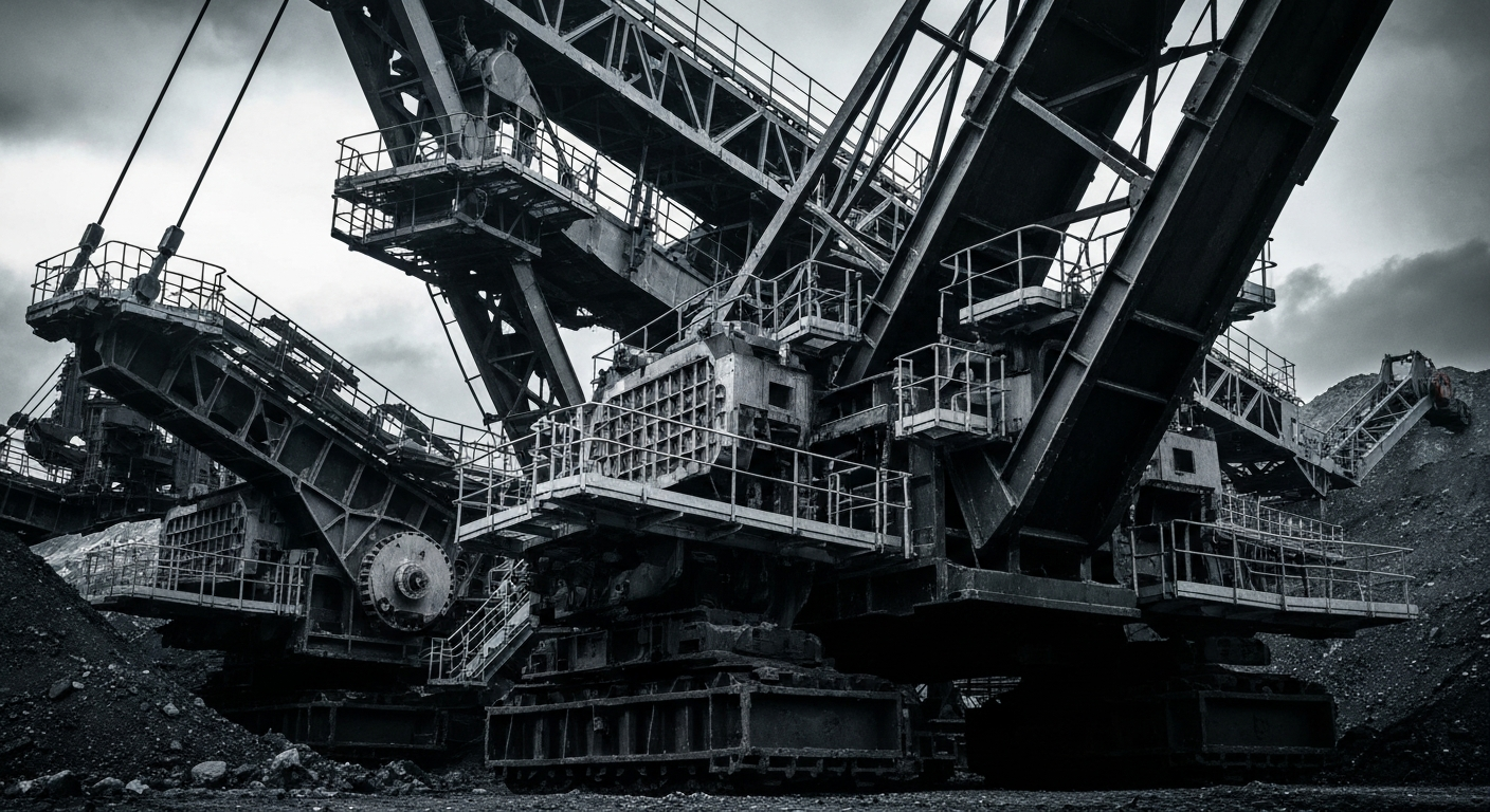 An extreme close-up of rugged, industrial coal mining equipment in muted tones, conveying the heavy, mechanical nature of the financial infrastructure at the heart of the Ramaco securities case.
