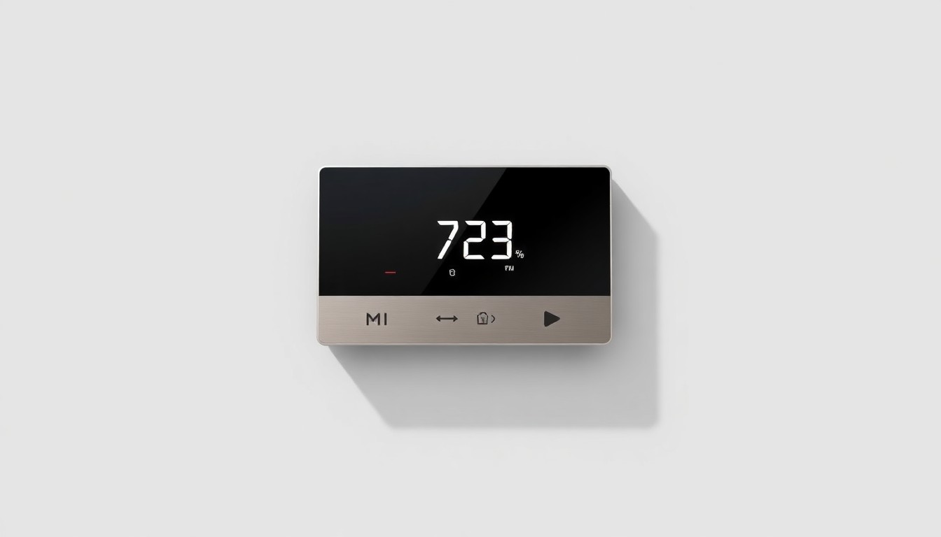 A close-up photograph of a sleek, modern HVAC control panel made of polished metal and glass, floating on a clean, monochromatic background and dramatically lit to showcase the precision and technology of Mitsubishi Electric Trane HVAC systems.