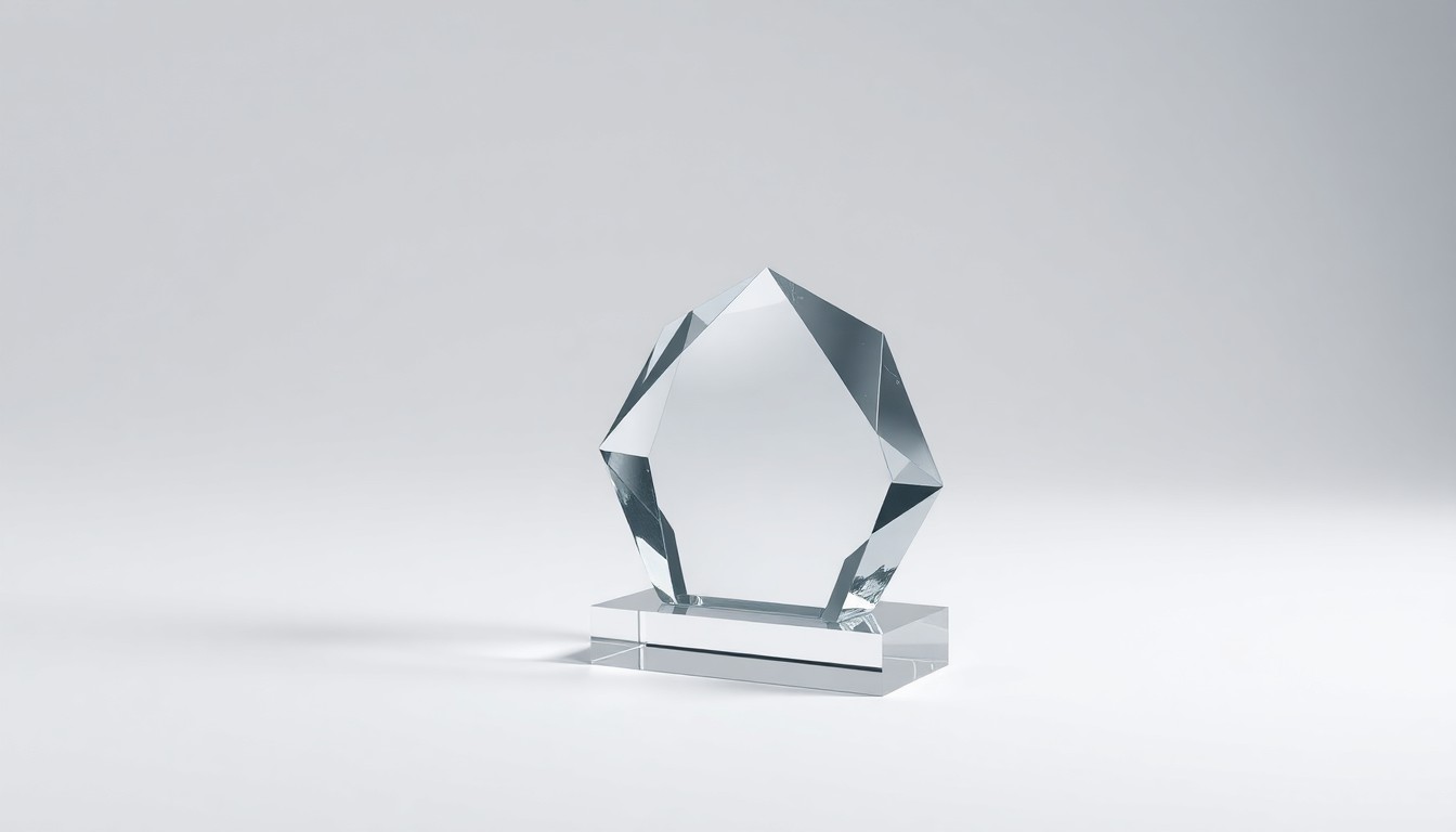 A highly reflective, geometric glass object rests on a plain, white background, conveying a sense of prestige and the abstract concept of corporate leadership and governance.