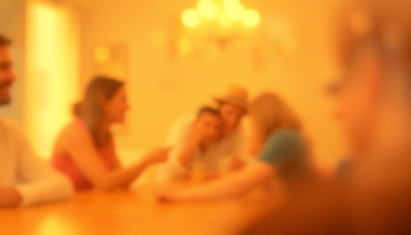 An extremely blurred and abstracted scene of a warm, hazy family gathering or celebration, with soft pools of light and color, conceptually representing the lasting impact of Dennis Hamm's life.
