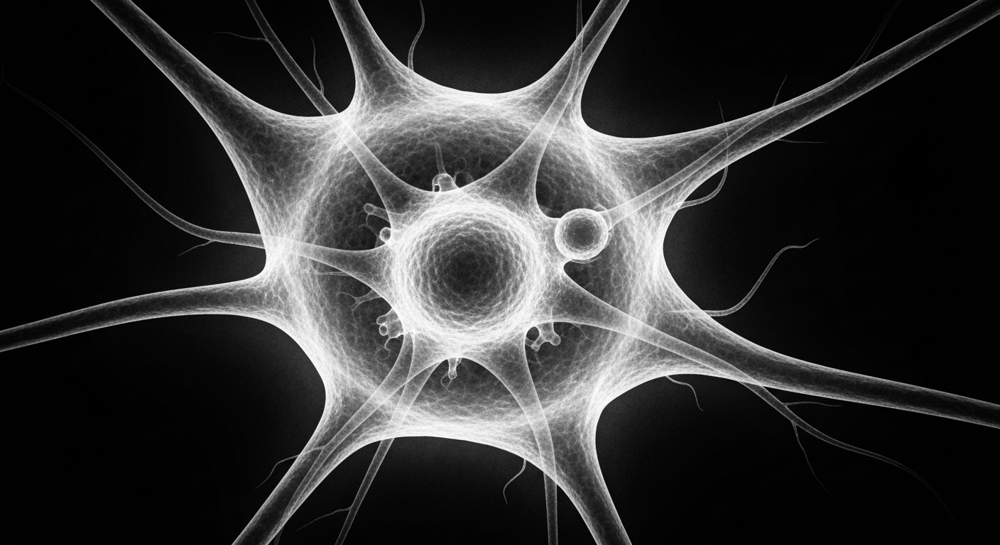 A ghostly, translucent X-ray photograph revealing the intricate internal structure of a human nerve cell, conceptually representing the impact of ALS on the nervous system.