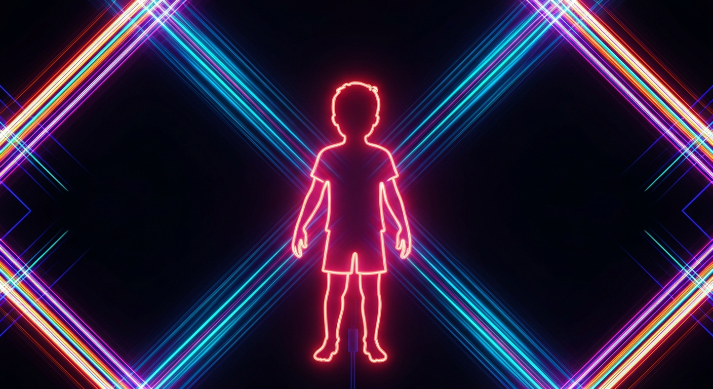A glowing neon outline of a child's silhouette against a vibrant, energetic background of intersecting neon lines and shapes, conceptually representing the transformative power of autism therapy.