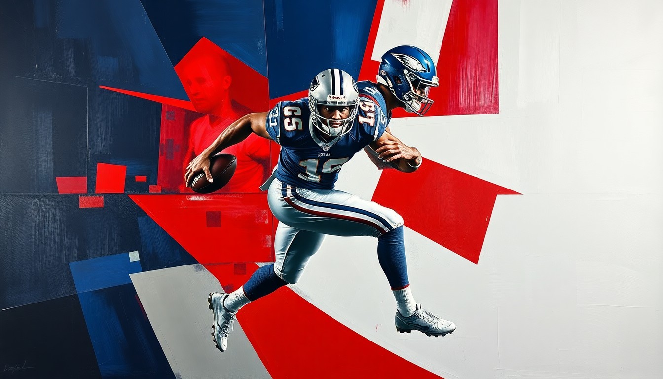 A fractured, geometric painting depicting a football player in mid-stride, with sharp planes of navy, burgundy, and silver creating a dynamic, multi-angled composition.