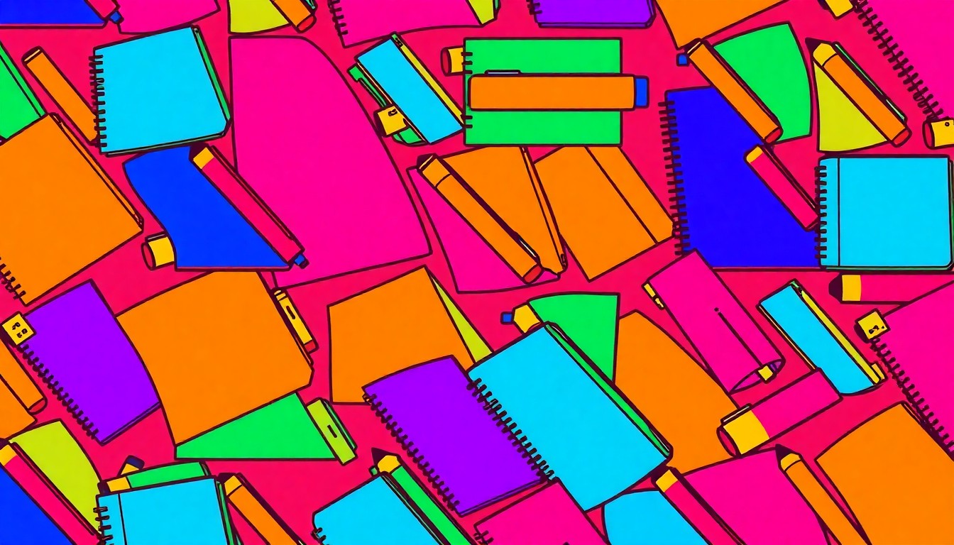 A bold, colorful grid of silkscreen-style images depicting a single school supply item, conceptually representing the routine administrative decisions made by the Perry School Board to support local education.