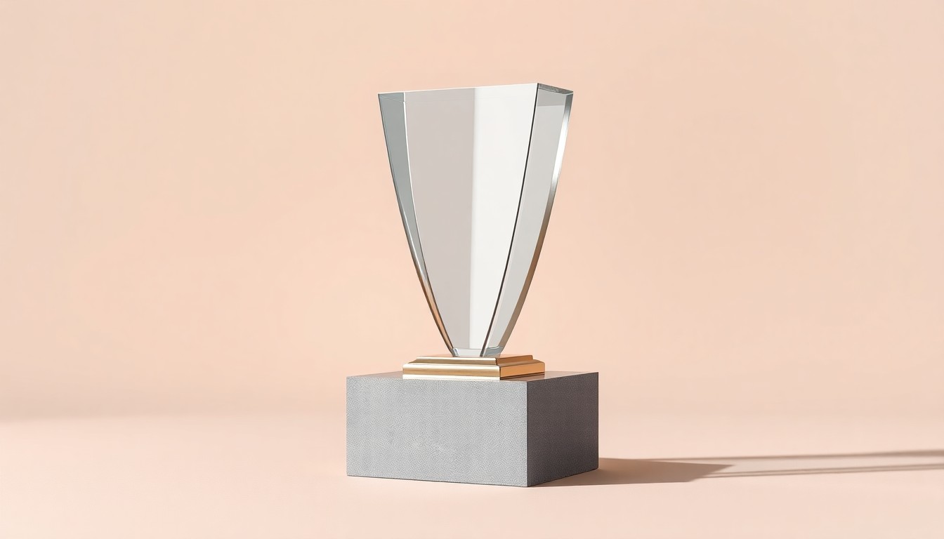 A high-end, photorealistic studio still-life photograph featuring a polished, geometric trophy or award object made of brushed metal, glass, and smooth stone materials, arranged elegantly on a clean, monochromatic seamless background with sharp, dramatic lighting and deep shadows, conceptually representing the prestige and significance of global business awards.