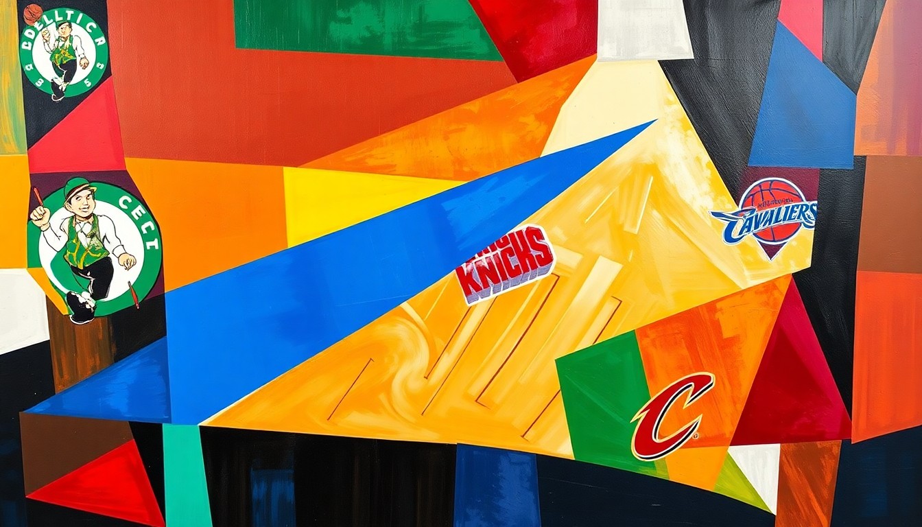 A fractured, cubist-style painting depicting a basketball game or match, with sharp, overlapping geometric shapes in the team colors of the Boston Celtics, Detroit Pistons, New York Knicks, and Cleveland Cavaliers, conceptually representing the competitive and unpredictable nature of the 2026 Eastern Conference playoff race.