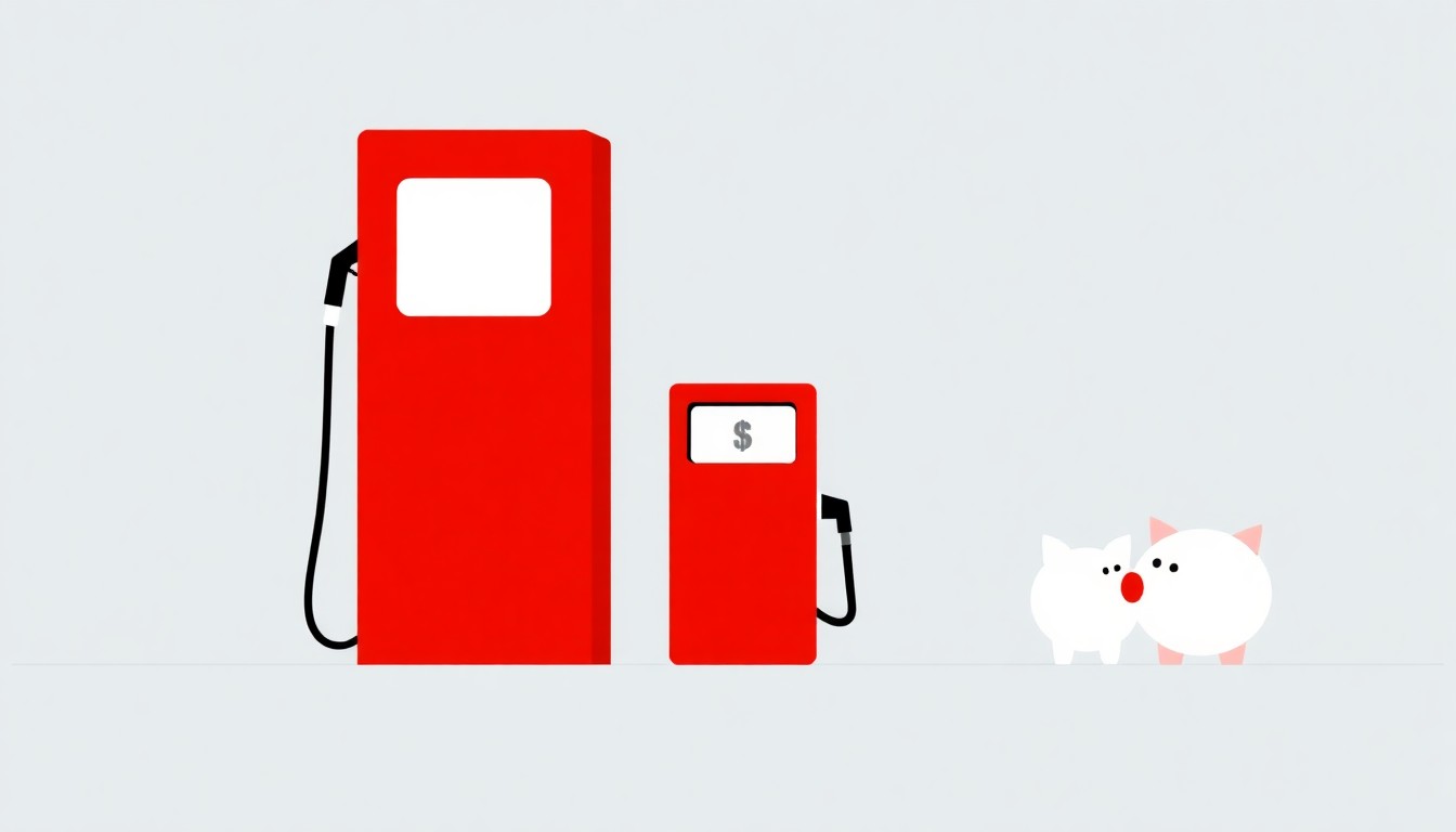 A minimalist, abstract illustration using bold geometric shapes and primary colors to conceptually represent the volatility of gasoline prices in Iowa.