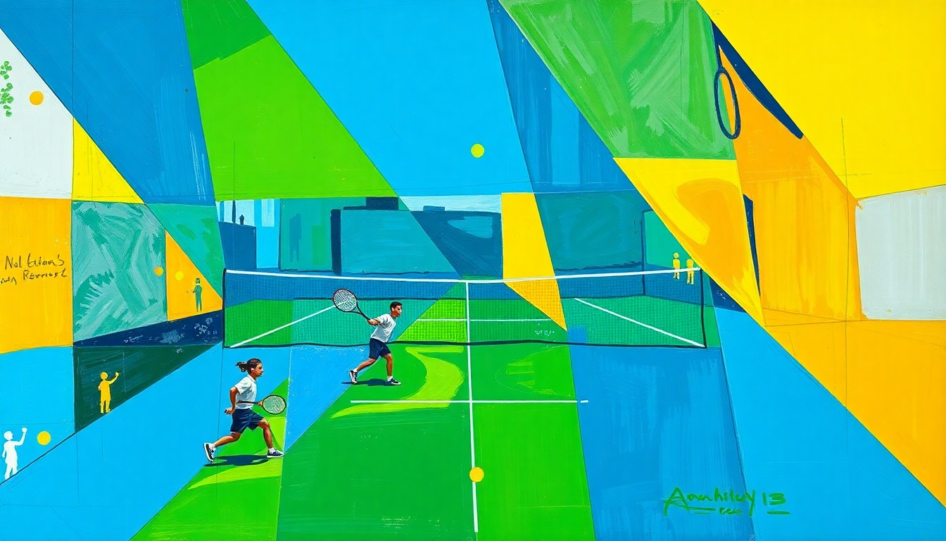 A fractured, multi-perspective painting in vibrant shades of blue, green, and yellow, breaking down a high school tennis match into sharp, overlapping geometric planes.