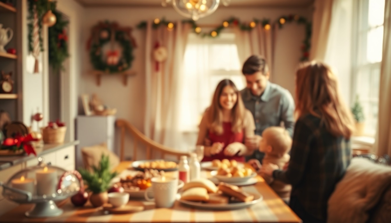 An extremely abstracted, out-of-focus photograph in soft pools of warm color and light, capturing the cozy, familial atmosphere of a holiday celebration with hints of baked goods, decorations, and gathered loved ones.