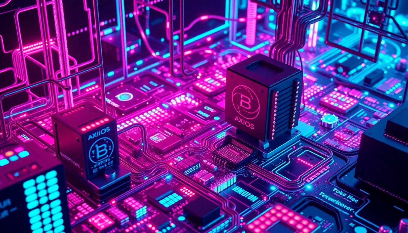 A highly detailed 3D illustration of glowing, neon-lit cybersecurity infrastructure and hardware components, representing the complex web of software dependencies and the threat of supply chain attacks. The image conveys the gravity and technical sophistication of the Axios compromise through vibrant cyan and magenta lights illuminating the intricate digital landscape.