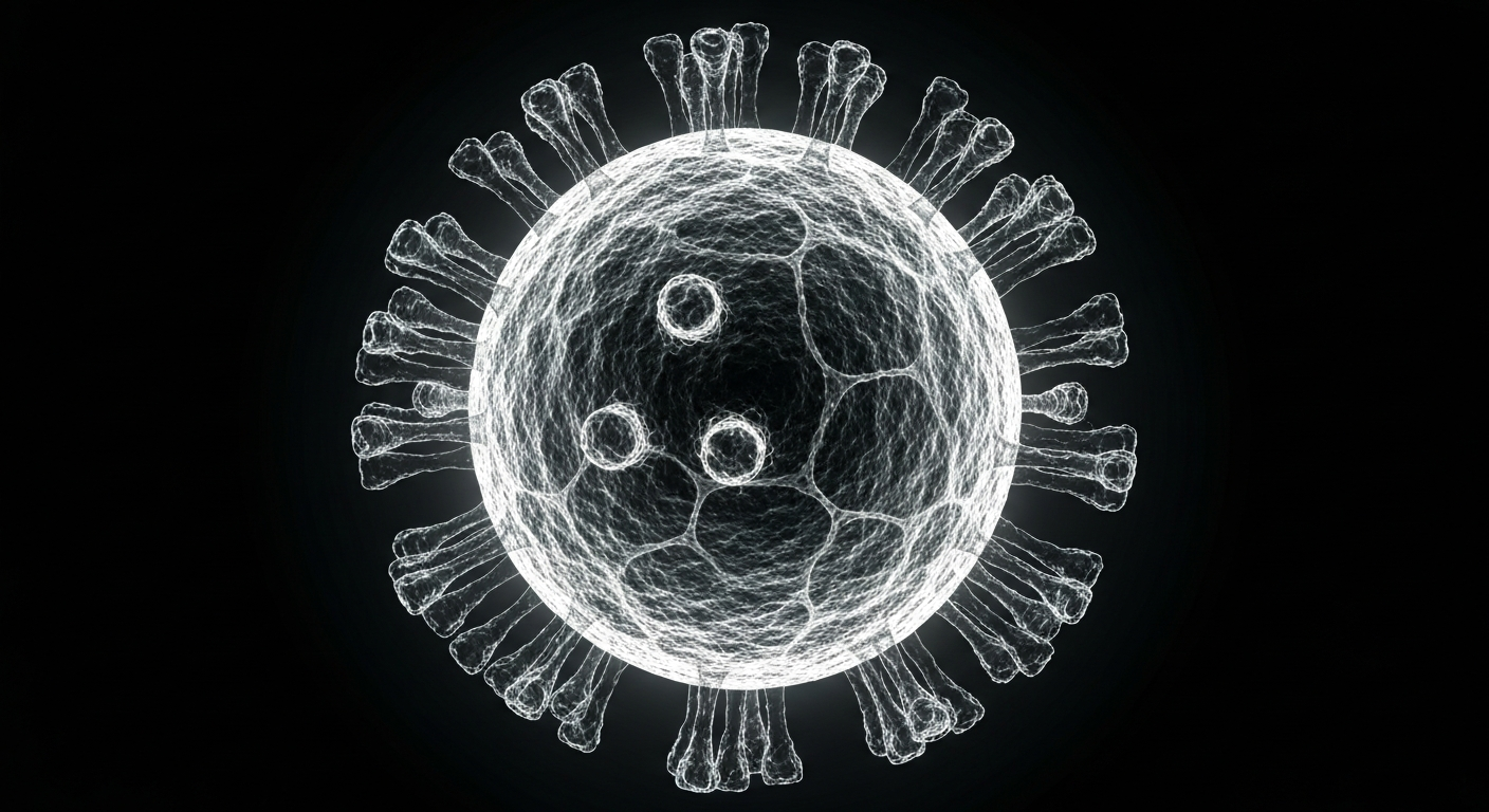 A highly detailed, translucent X-ray image of a measles virus particle, revealing its intricate internal structure against a dark background, conceptually illustrating the public health crisis unfolding in Oregon.
