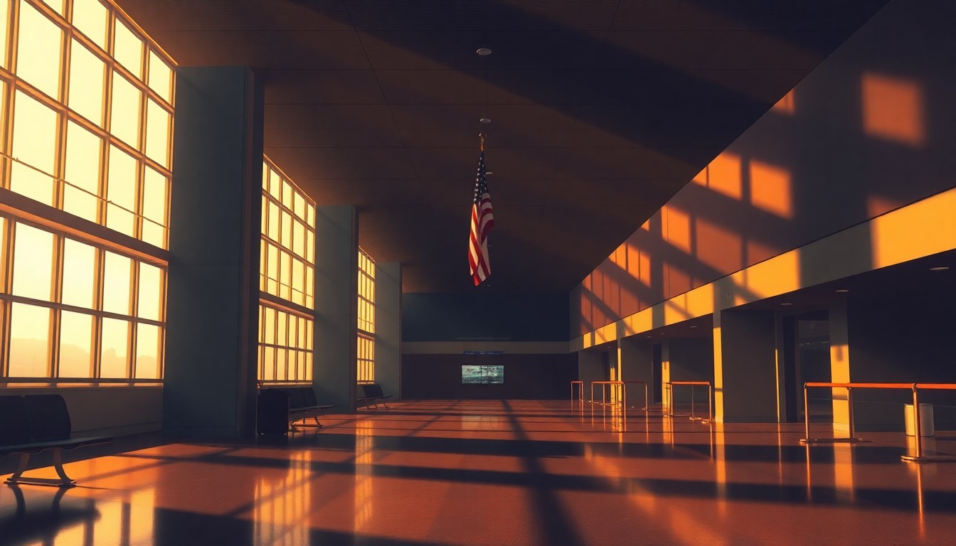 A serene, photorealistic painting of an empty airport terminal with long shadows and a single American flag hanging in the warm light, conveying a sense of quiet contemplation around a politically charged decision.