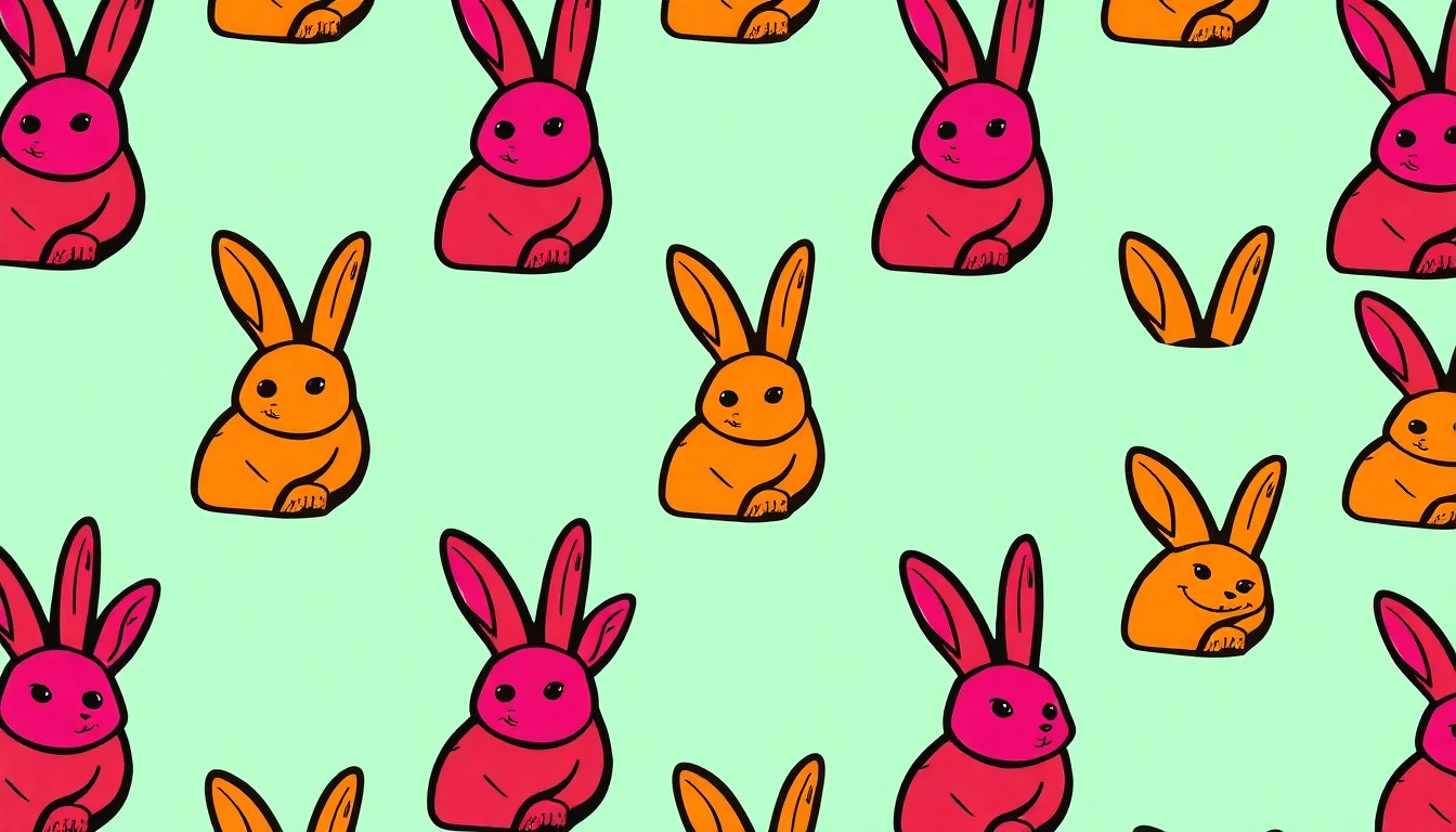 A highly stylized, pop art-inspired illustration featuring a repeating grid of a single, iconic chocolate Easter bunny in a variety of bright, neon colors and bold, high-contrast outlines, capturing the festive spirit of the holiday season.