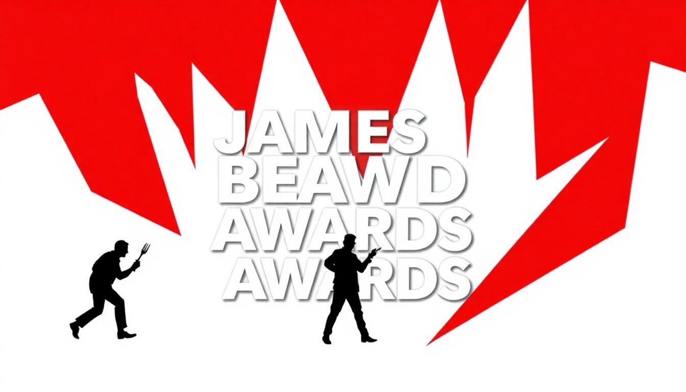 A dramatic, abstract composition of jagged black silhouettes and bold red shapes, conceptually representing the competitive spirit and high-stakes prestige of the James Beard Awards without depicting any literal objects or people.