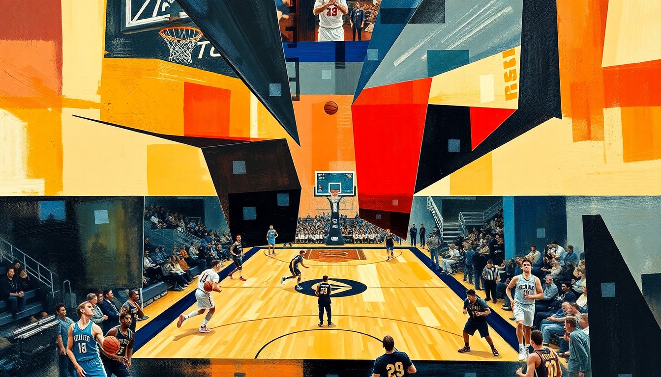 A fractured, cubist-style painting depicting the abstract shapes and angles of a college basketball game, conveying the uncertainty and high-stakes nature of coaching changes in the sport.