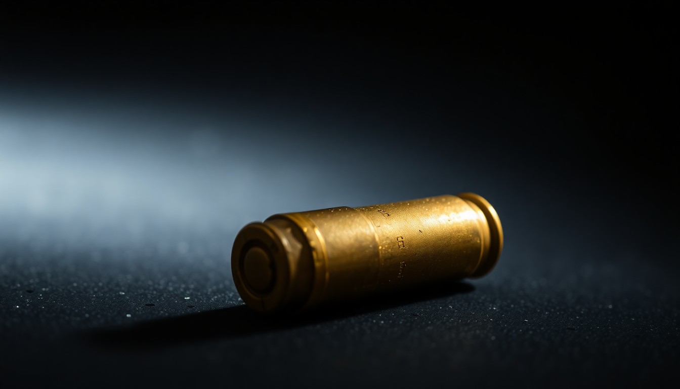 An extreme close-up of a spent bullet casing reflecting a bright, harsh flash of light, conceptually representing the violent confrontation between law enforcement and a drug suspect.