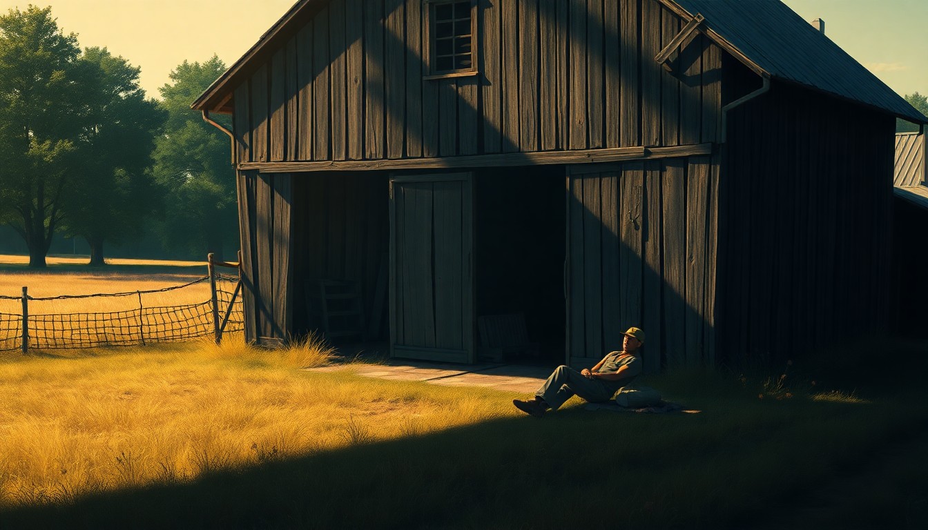 A cinematic painting of a lone farmworker resting in the shade of a weathered barn, with warm sunlight and deep shadows creating a contemplative, nostalgic mood.