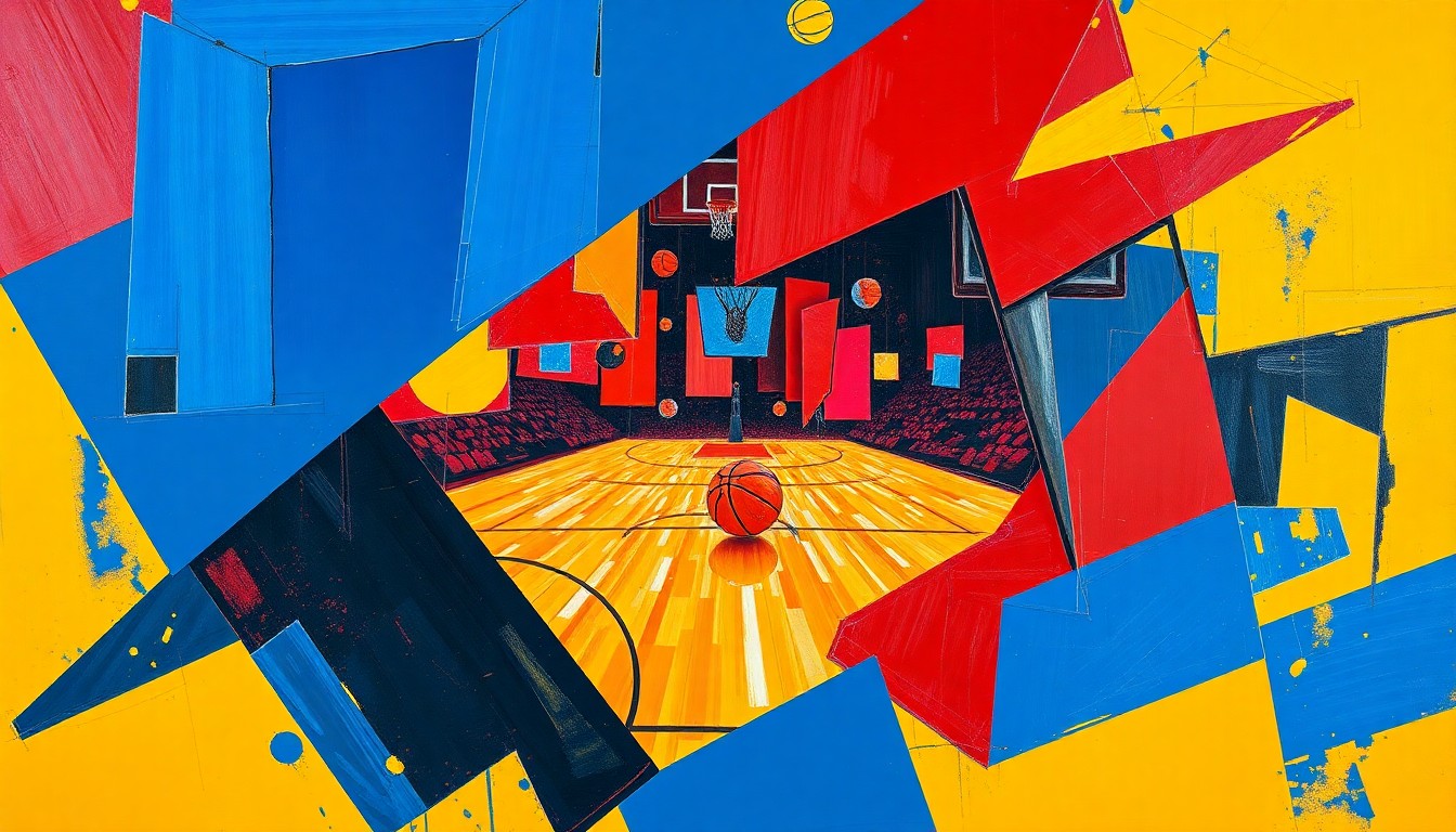 A cubist, geometric painting depicting the dynamic movements and energy of a basketball game, with sharp, overlapping planes of color representing the fast-paced action on the court.